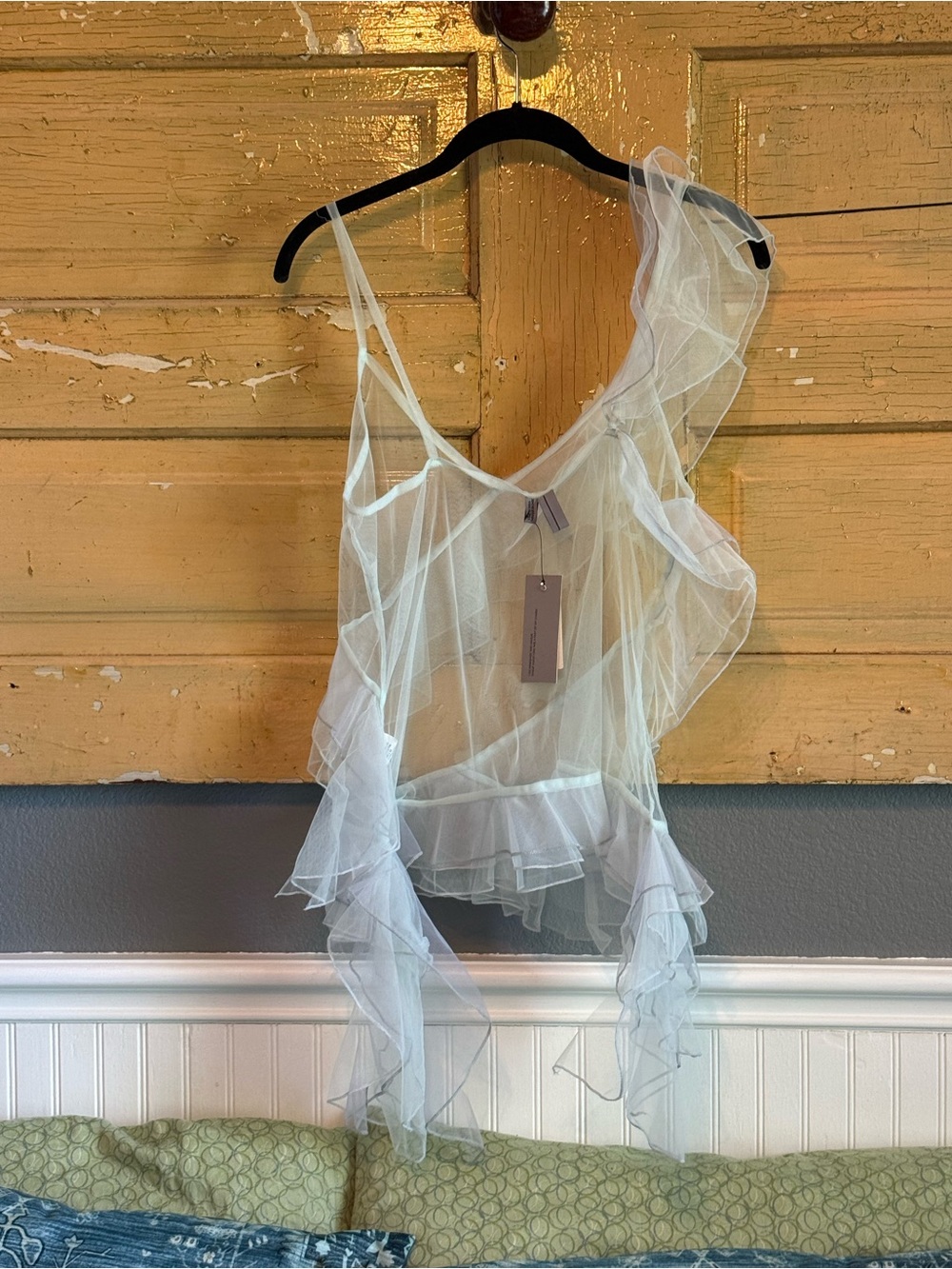 Anthropologie Sheer Ruffle One-Shoulder Tank Top - Light Blue - Picture 2 of 7